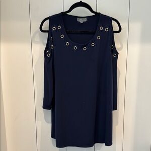 JM Collection Navy Cold Shoulder Top